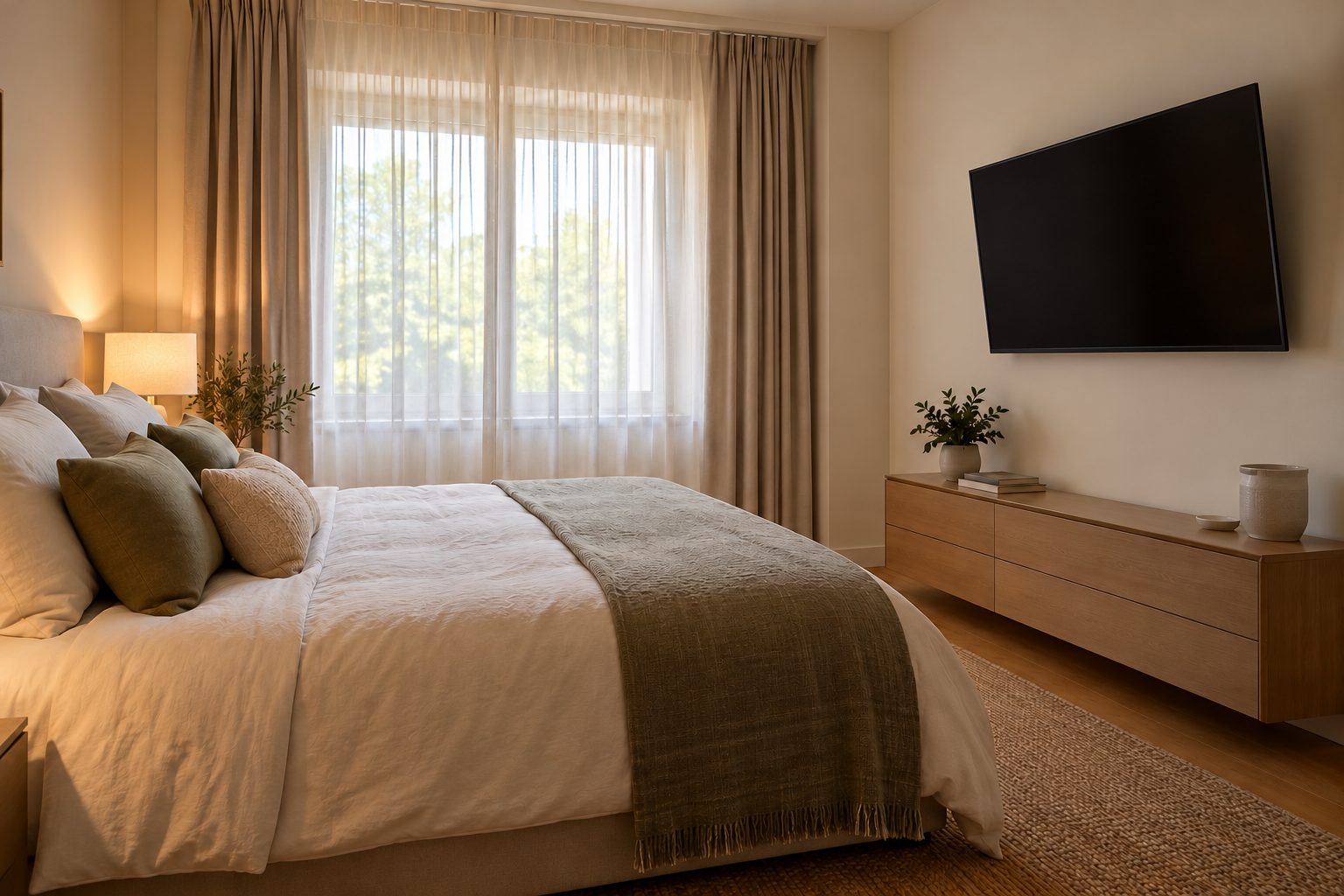 Televisor apagado fijado en la pared frente a una cama de matrimonio